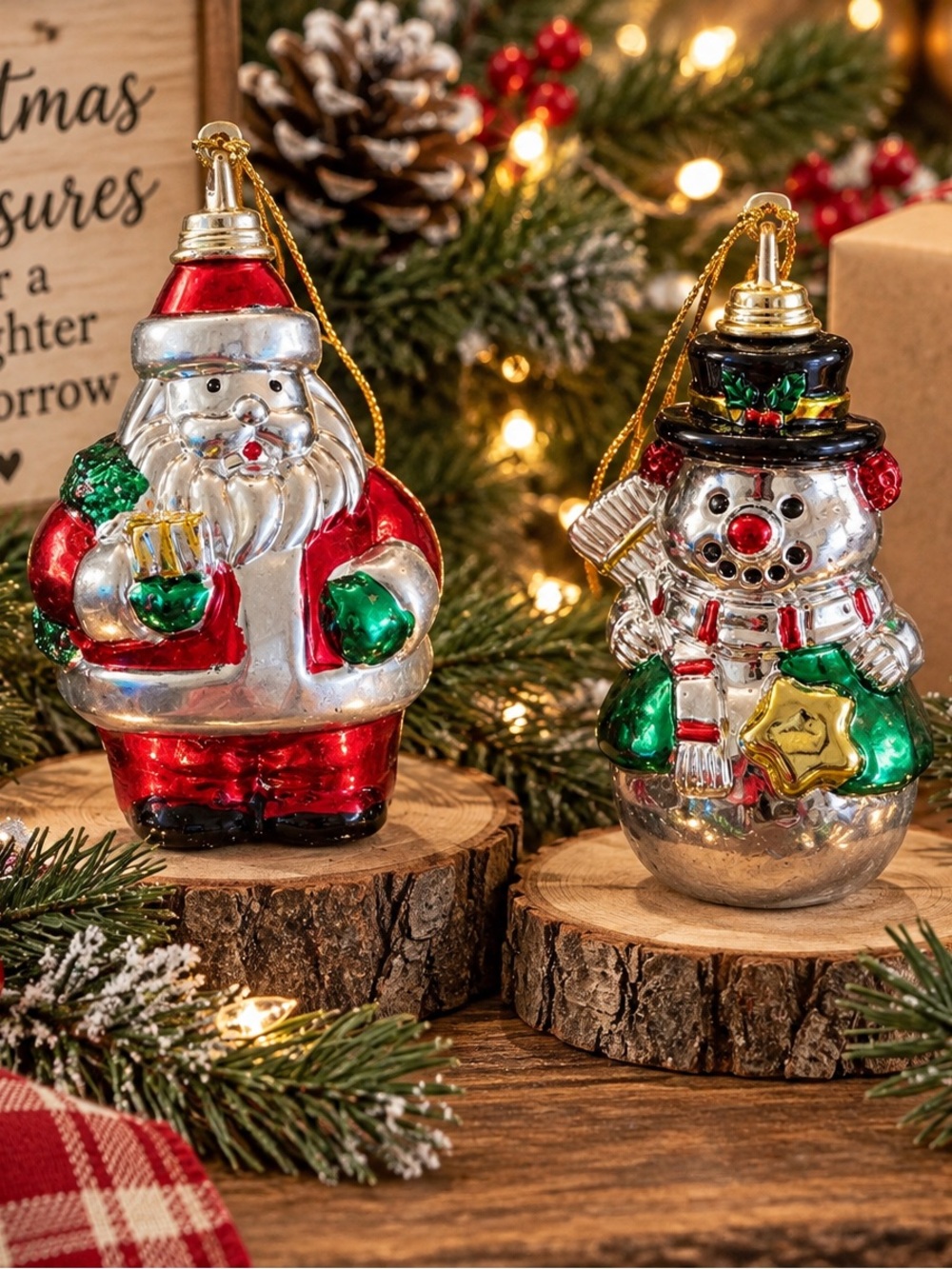 Vintage Kitsch Christmas Ornaments Plastic Black Hat Snowman and Santa Clause